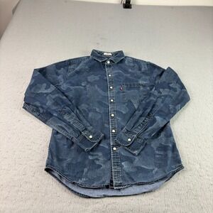 Levis Shirt Mens Small Blue Camo Pearl Snap Up Chambray Denim Style Long Sleeve